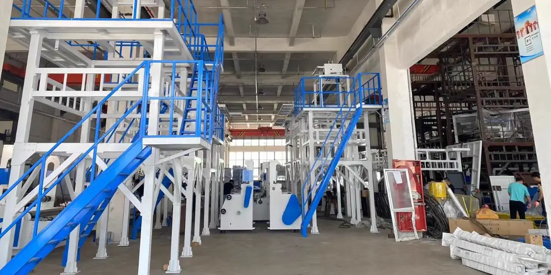 Blown film lines under assembly at the E-SHION workshop — Wenzhou factory